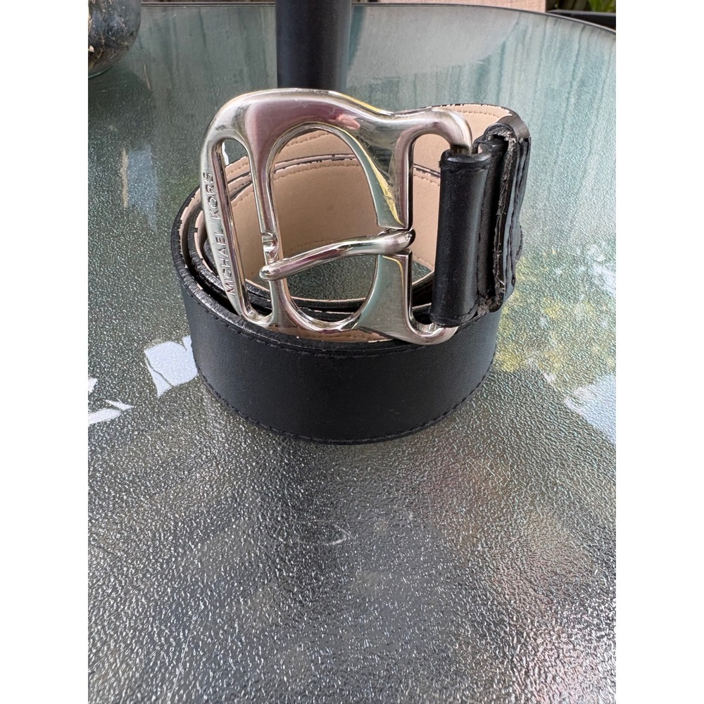 Michael Kors Black Leather Wide Belt Silver Logo Buckle Large 553811
